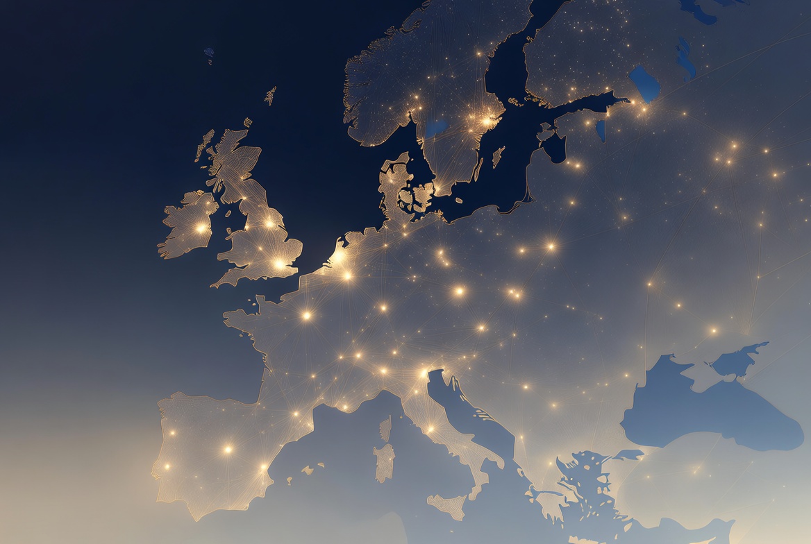Europe seen from above at night — city lights and connections spanning the continent
